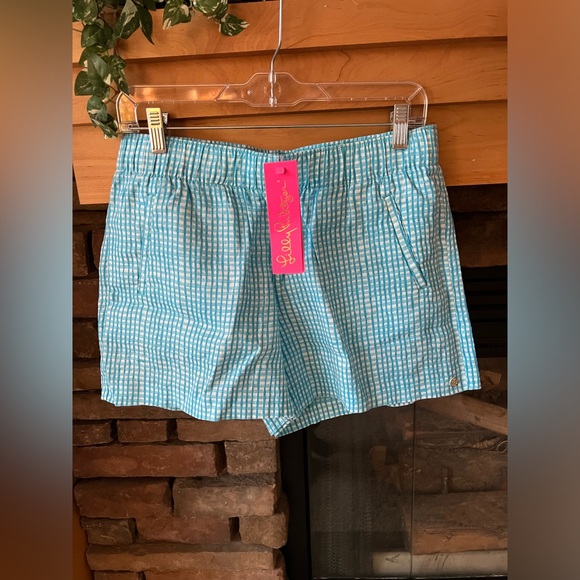 NWT Lilly Pulitzer Lilo Linen Seabreeze Blue Check Shorts Pockets Size Medium - Picture 1 of 4